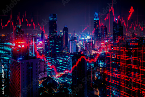 Photo of a Digital Cityscape with Financial Graphs and Stock Market Data Overlaying the Skyline, Representing Global Business and Trade photo