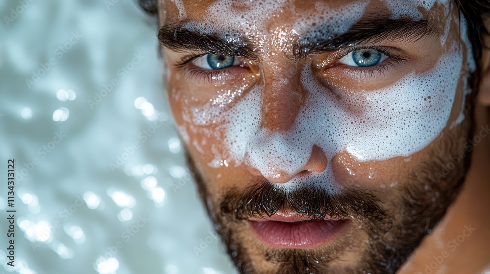 Close-up of a man with soap on his face, showcasing skincare or grooming routine. Close-up of a man with soap on his face, showcasing skincare or grooming routine.