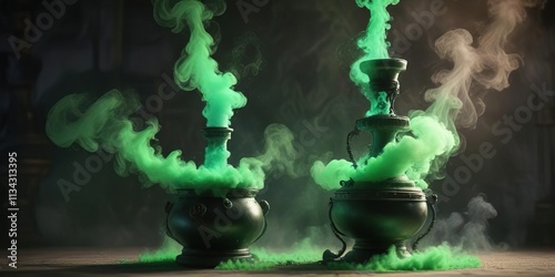 A swirling vortex of green smoke emanating from a hookah base, vortex, dynamic photo