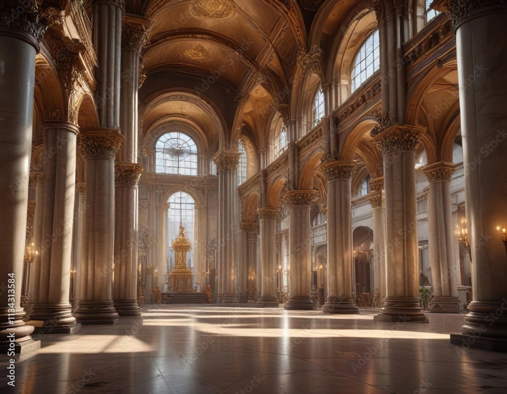 Grand church with high ceilings and ornate columns, vaulted ceiling, stained glass windows Grand church with high ceilings and ornate columns, vaulted ceiling, stained glass windows