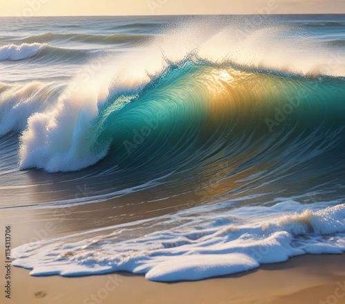 The blue ocean wave breaks on the golden sandy shore creating a foamy splash, waves, beach, crash