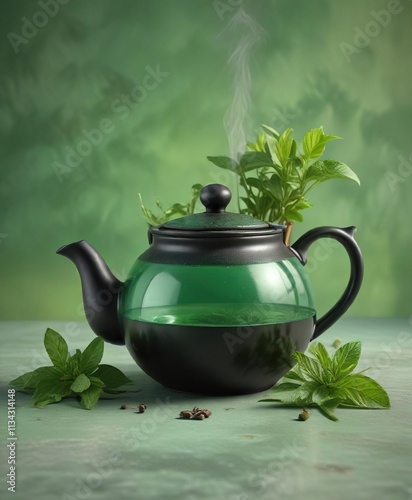 A steaming hot black teapot filled with green tea and a sprig of fresh mint on a soft green surface with a subtle shine, green tea, mint photo