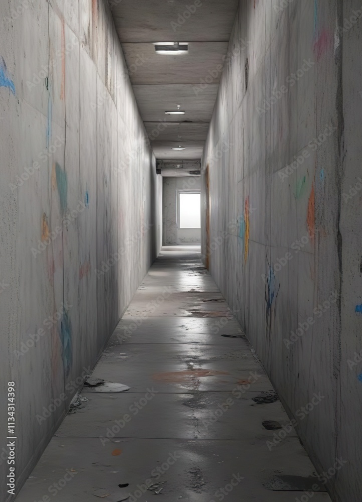 View of a long gray concrete corridor with uneven walls and peeling paint, peeling paint, concrete wall details View of a long gray concrete corridor with uneven walls and peeling paint, peeling paint, concrete wall details