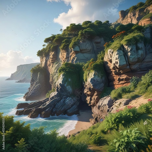 Seaside cliff top overgrown with lush greenery , overgrown vegetation, greenery, outdoor space