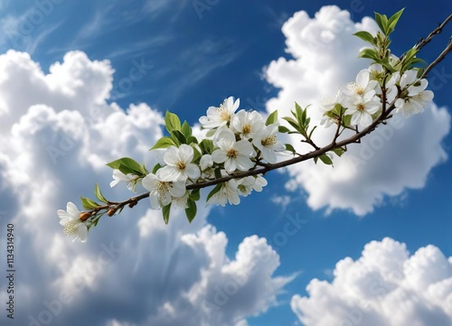 A delicate white pear branch extends from the clouds like a brush stroke against the blue sky, gentle, growth, serene landscape photo