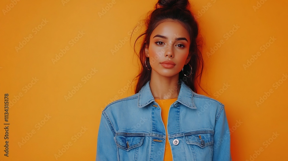 Elegant Indian Woman in Casual Denim Jacket Posing for Studio Portrait on Orange Wall Elegant Indian Woman in Casual Denim Jacket Posing for Studio Portrait on Orange Wall