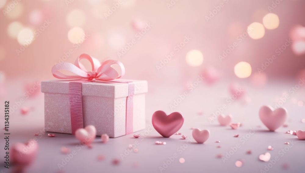 beautiful Valentine's Day pink gift box with ribbon and small hearts on light pastel background with bokeh effect