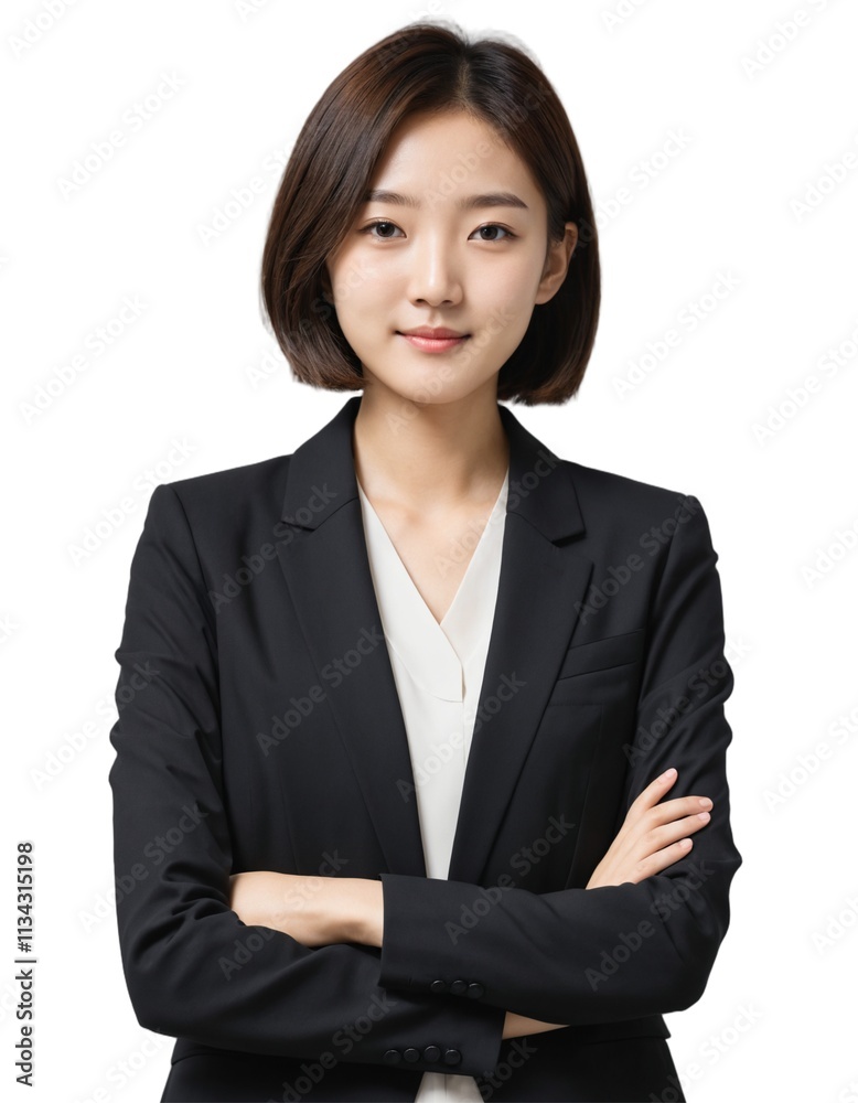 young asian girl with short hair wearing office attire with crossed arms . ai generate young asian girl with short hair wearing office attire with crossed arms . ai generate