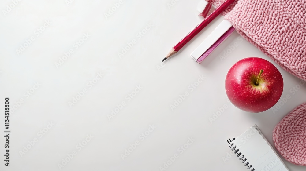 Workspace with apple, pink knitted items, and stationery. Workspace with apple, pink knitted items, and stationery.