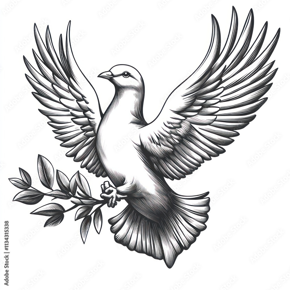 Fototapeta premium Monochrome drawing of a dove carrying an olive branch, symbolizing peace and hope.