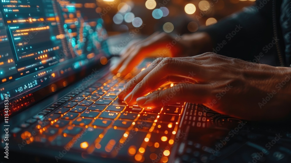 Close-up of hands typing on a glowing keyboard, with a blurred background of data screens. Close-up of hands typing on a glowing keyboard, with a blurred background of data screens.