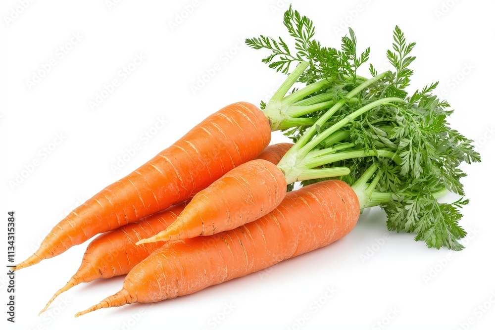 Fresh and vibrant carrots with green tops isolated on a clean white background