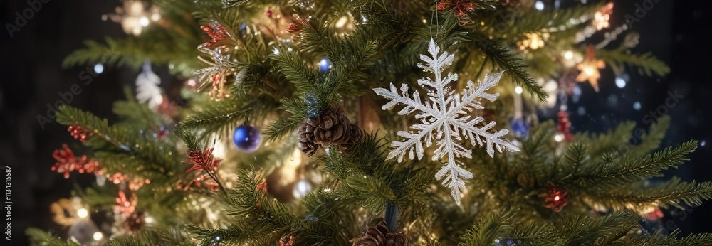 Snowflakes gently fall on a festive Christmas tree , snowflakes, holiday decorations Snowflakes gently fall on a festive Christmas tree , snowflakes, holiday decorations