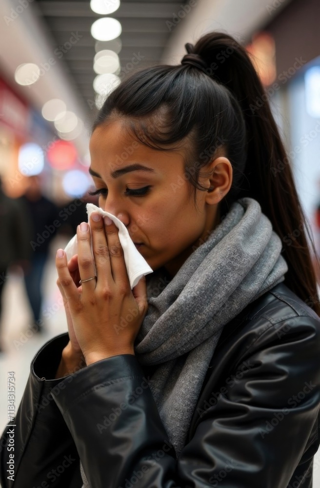 woman in a black jacket and grey scarf, sneezing while standing on a busy street concept of cold, health, outdoor activity woman in a black jacket and grey scarf, sneezing while standing on a busy street concept of cold, health, outdoor activity