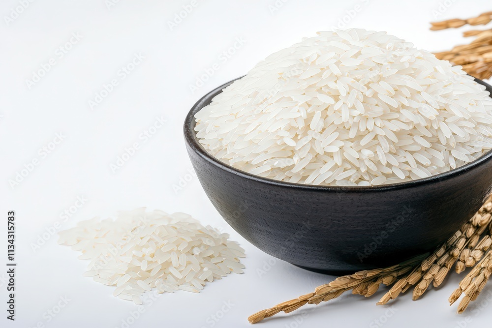 Beautiful clean bowl of white rice isolated on pure white background for culinary display