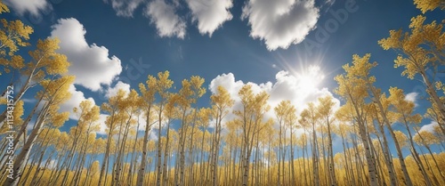 A sea of golden aspens stretching towards the sky with blue clouds in the background, trees, hills photo