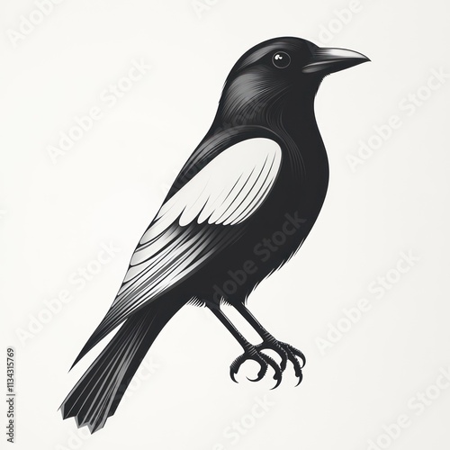 Monochrome illustration of a magpie bird. photo