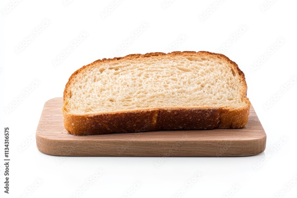 Freshly baked bread slice resting on a wooden cutting board against a white background Freshly baked bread slice resting on a wooden cutting board against a white background
