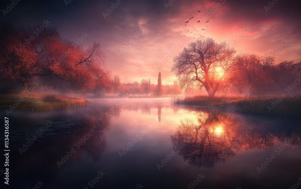 Serene autumn sunrise over misty lake reflecting colorful trees and sky. Serene autumn sunrise over misty lake reflecting colorful trees and sky.