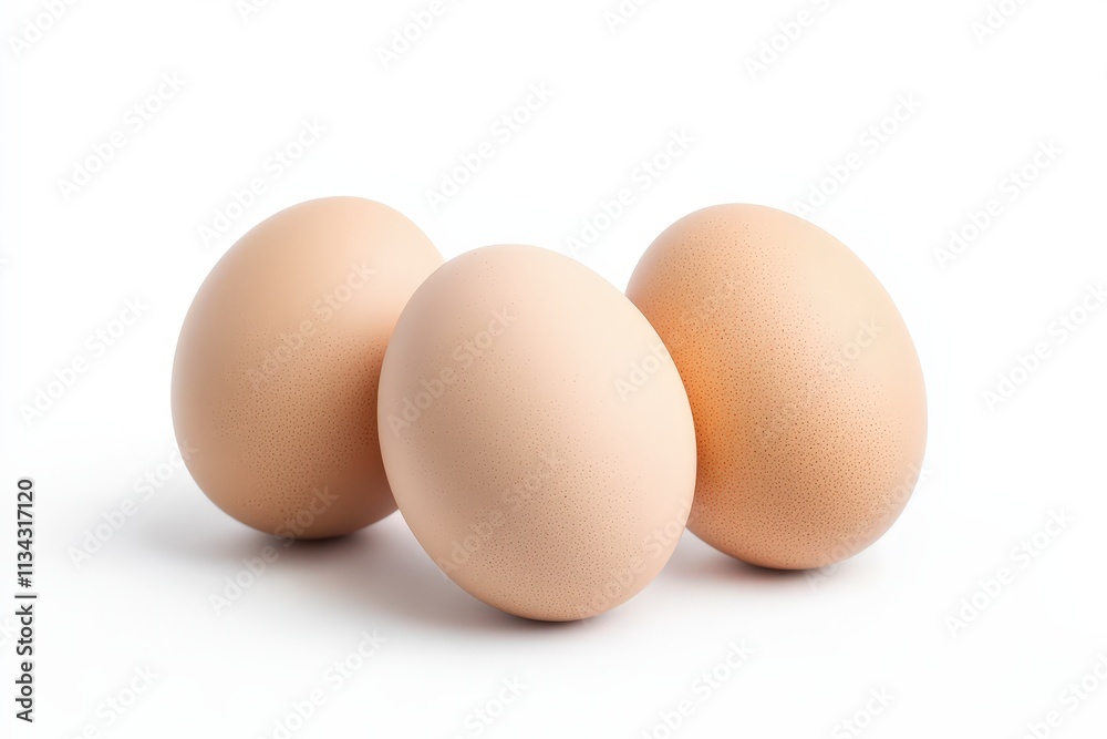 Three clean brown eggs arranged on a white background for culinary presentation Three clean brown eggs arranged on a white background for culinary presentation