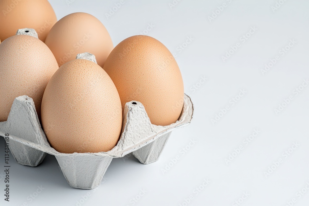 Clean brown egg resting on a white surface with others in the background Clean brown egg resting on a white surface with others in the background
