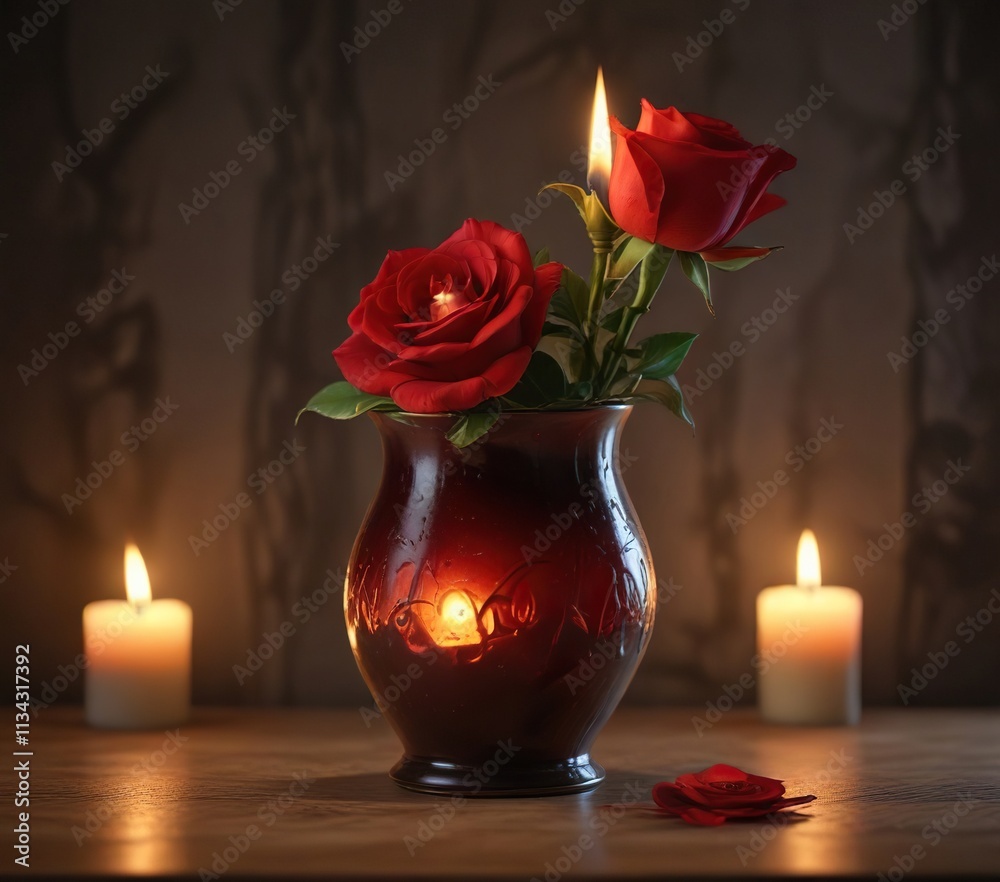 Candle flame burning in a vase with a single red rose , wax, candles Candle flame burning in a vase with a single red rose , wax, candles