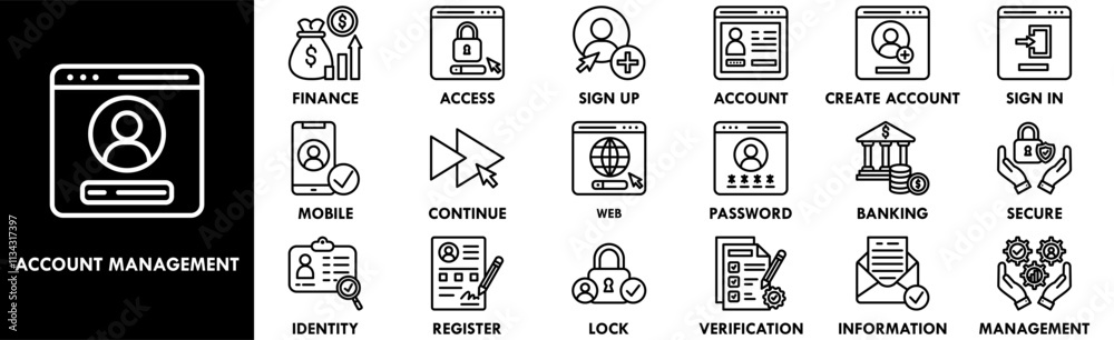 Account Management icon collection set. Containing design business, account, management, finance, financial, manager Account Management icon collection set. Containing design business, account, management, finance, financial, manager