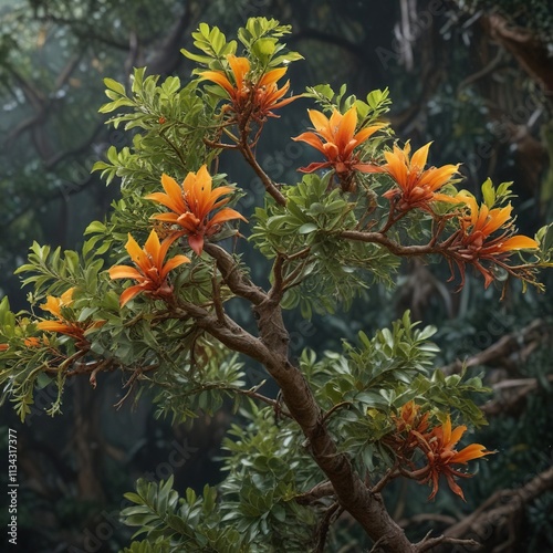 Branches of Bombax anceps Pierre with epiphytes, epiphytes, botanical photo