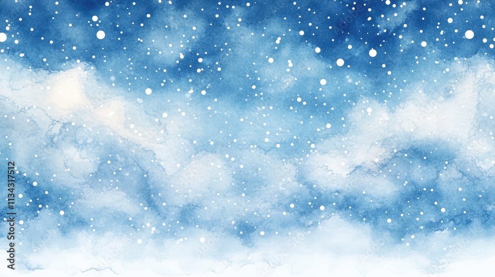 Obraz premium Watercolor drawing of winter sky landscape with falling snow, flecks and dots. Hand-drawn water color graphic painting on paper.