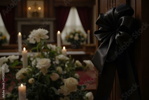 Black Memorial Ribbon on Dark Wood with Religious Interior Background