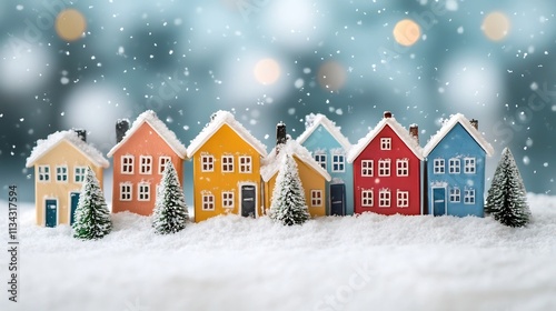 Charming Snow Covered Village with Colorful Retro Style Houses in Winter Wonderland