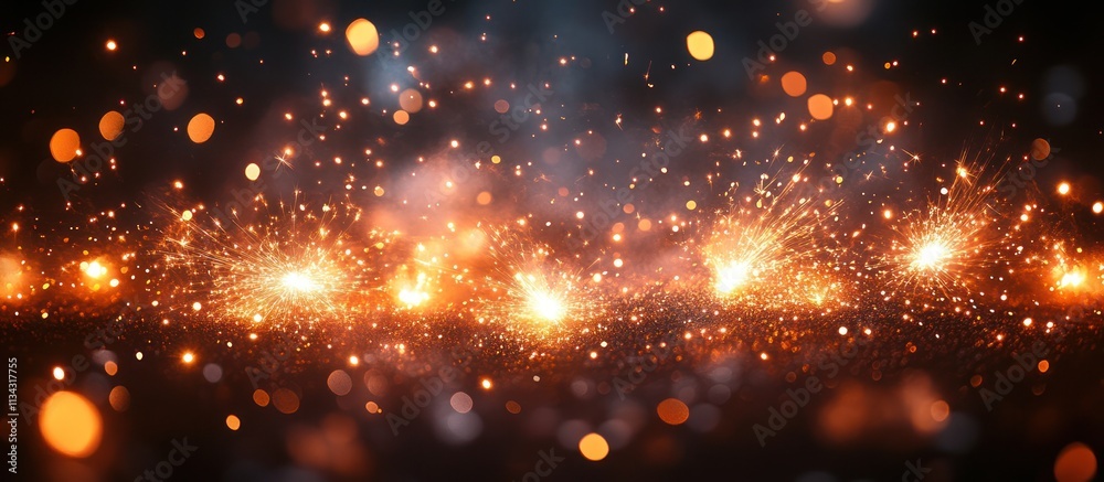 Fototapeta premium Sparkling fiery lights and bokeh on black background.