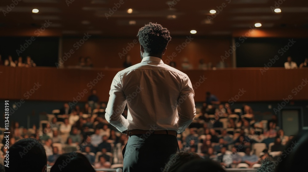Fototapeta premium Speaker's back, large audience, auditorium setting.