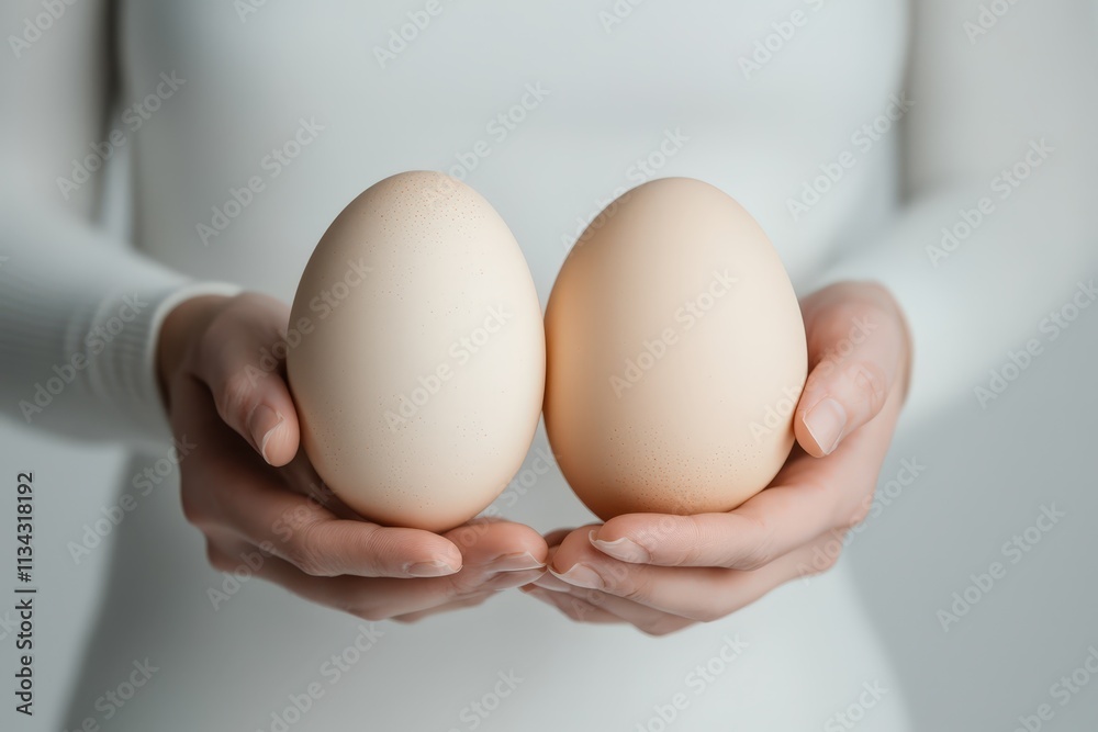 Two pristine eggs held in hands against a clean white background showcasing natural beauty Two pristine eggs held in hands against a clean white background showcasing natural beauty
