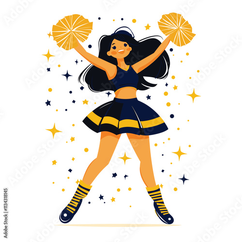 Cheerleader with pom-poms in a vibrant, cartoon style.