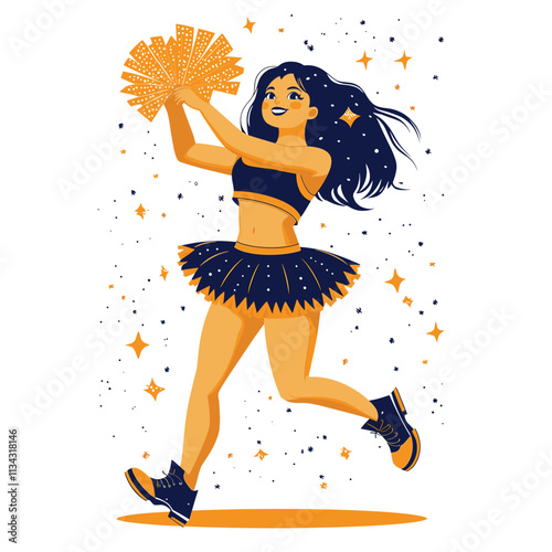 Cheerleader with pom-poms in a vibrant, cartoon style.
