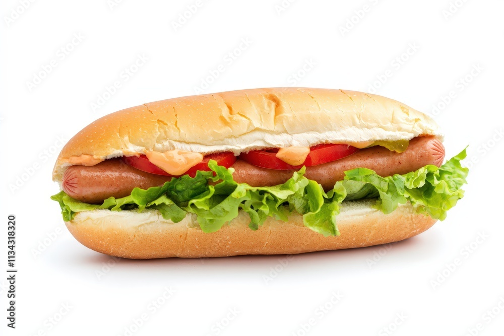Delicious hotdog with fresh toppings isolated on clean white background
