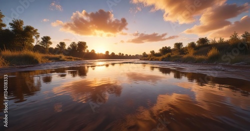 Brown water of the river reflecting the sky above, grasslands, river, water