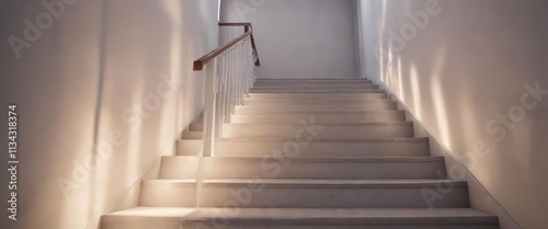 Tall staircase with a long white light shining down on the bottom step, long white light, moody atmosphere