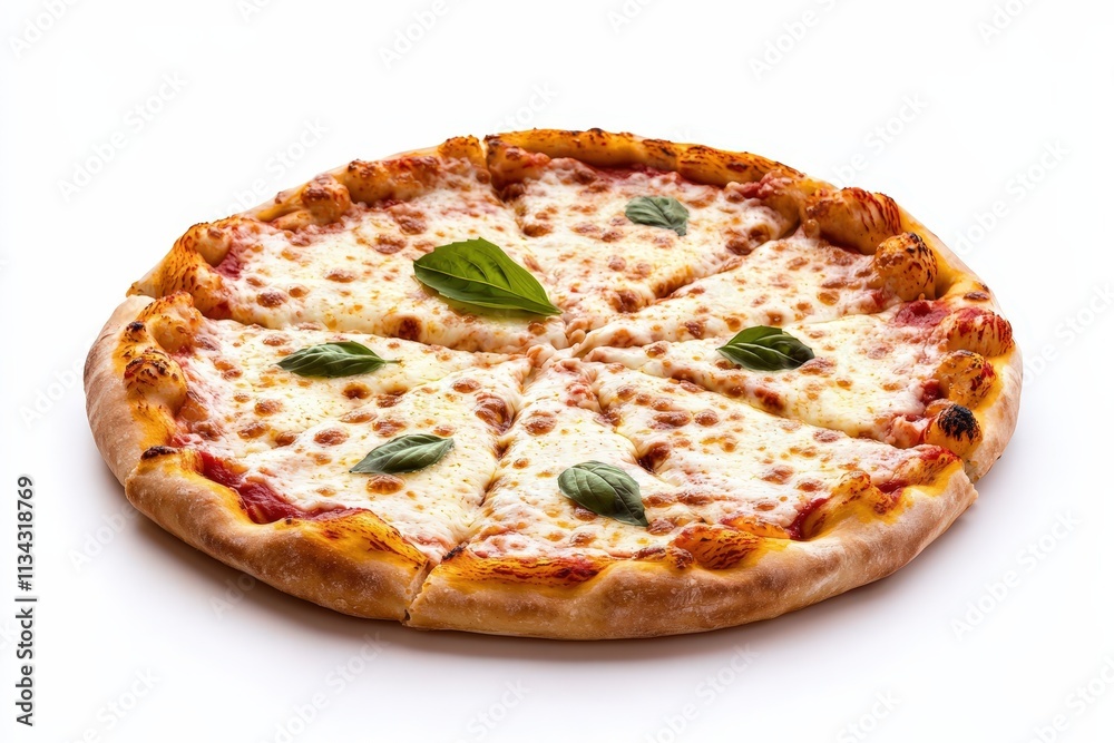 Delicious cheese pizza with basil on a clean white background Delicious cheese pizza with basil on a clean white background