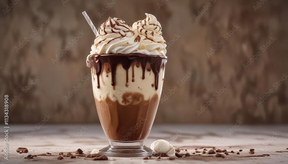 Thick chocolate shake topped with ice cream & syrup Swirls of vanilla & chocolate , chocolate shake, background, beverage Thick chocolate shake topped with ice cream & syrup Swirls of vanilla & chocolate , chocolate shake, background, beverage