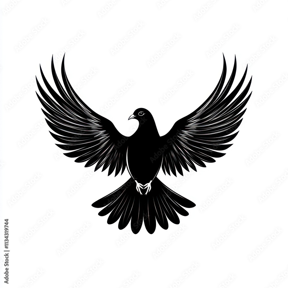 Black silhouette of a dove with wings spread wide, isolated on white background. Black silhouette of a dove with wings spread wide, isolated on white background.