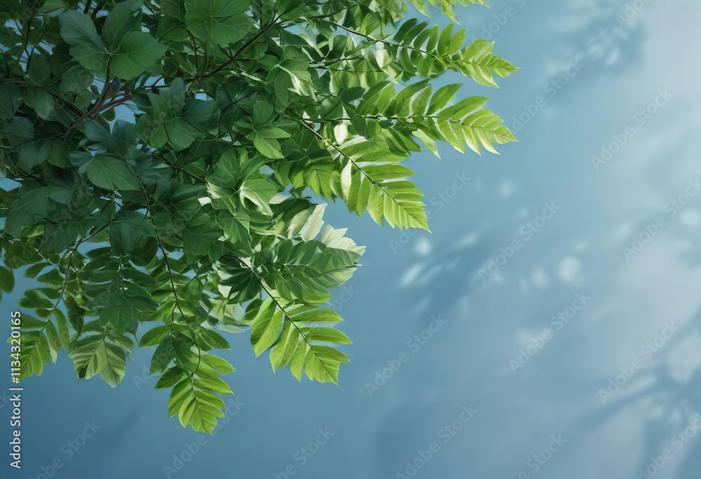 vibrant green leaves against a bright and clear blue background , blue background, colorful foliage vibrant green leaves against a bright and clear blue background , blue background, colorful foliage