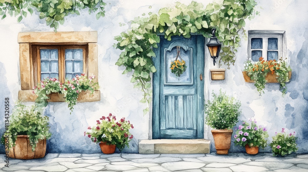 Watercolor illustration of quaint European-style houses with rustic doors, flower pots, and ivy, ideal for storybook backgrounds or charming real estate concepts Watercolor illustration of quaint European-style houses with rustic doors, flower pots, and ivy, ideal for storybook backgrounds or charming real estate concepts