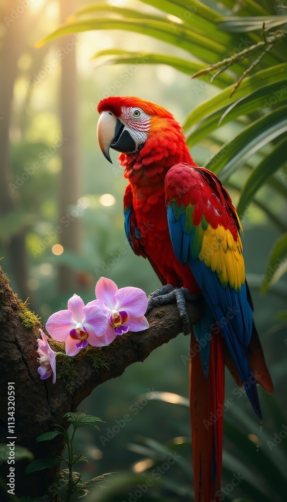 Obraz premium Striking Crimson and Gold Macaw Perched on Twisted Tree Branch