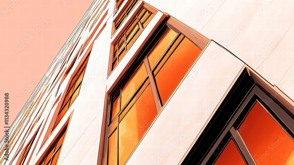 close up view of modern building showcasing large orange tinted windows and sleek architectural design. perspective emphasizes structure unique angles and contemporary style close up view of modern building showcasing large orange tinted windows and sleek architectural design. perspective emphasizes structure unique angles and contemporary style