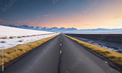 Straight asphalt path leading to a distant white landscape, vast space, soft focus, subtle gradient