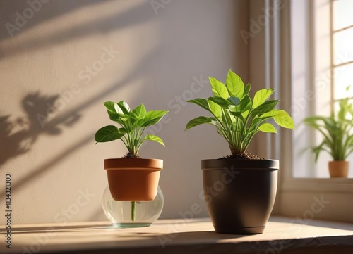 Wallpaper Mural A small green plant growing from a bulb in a pot with warm sunlight filtering through the glass, plant life, succulent plants , sunlight Torontodigital.ca