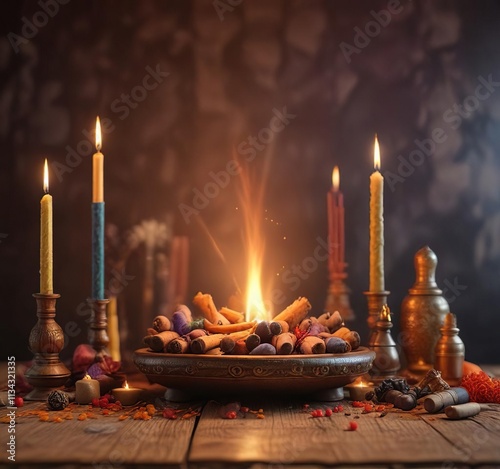 Altar with burning incense sticks and frankincense cones, fragrance, ceremony photo