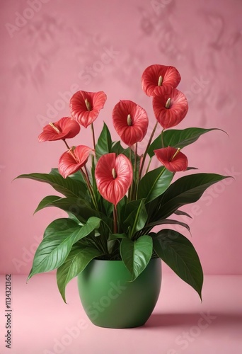 Wallpaper Mural Anthurium flowers in a lush green arrangement on a pink background, plant life, colorful flowers Torontodigital.ca